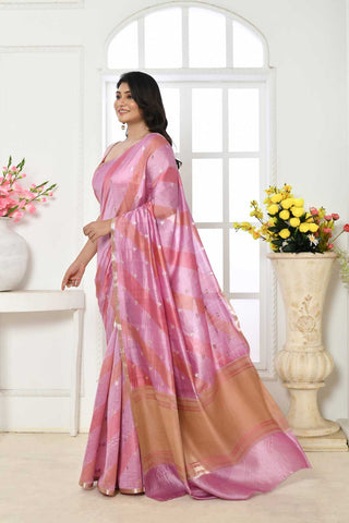 Pink  Pure Katan Chiniya Silk Banarasi Handloom Saree With Rangkat Aada Body And Sleak Gold Zari Border