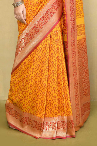Mustard and Peach Pink Handloom Reshmi Tanchoi Banarasi Saree With Handwoven  Border