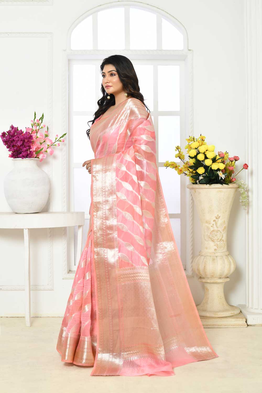 Silk Saree With Silver Zari Aada Striped Body And Border