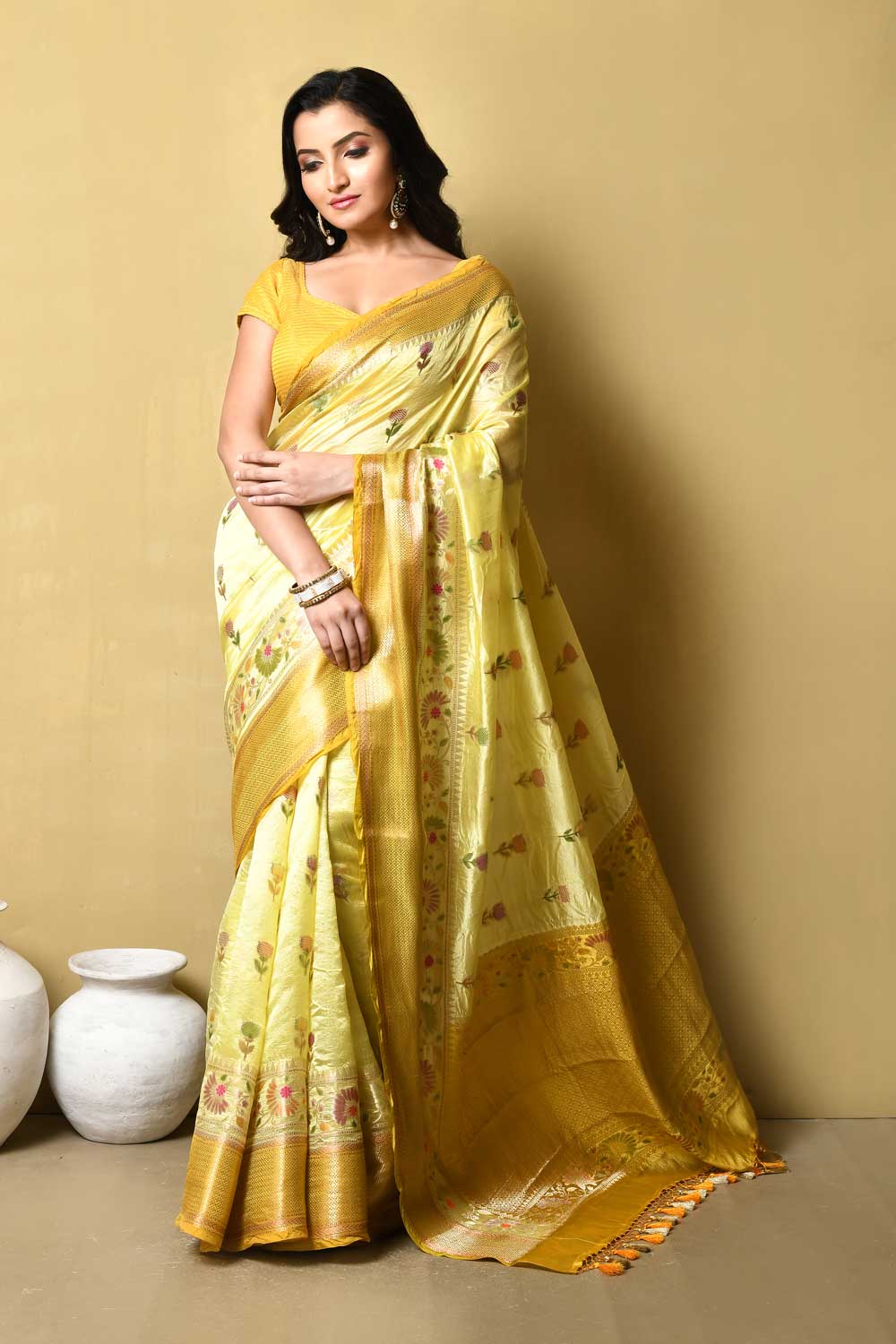 Yellow Pure Resham Dupion Silk Banarasi Handloom Saree With Meenakari Boota And Border