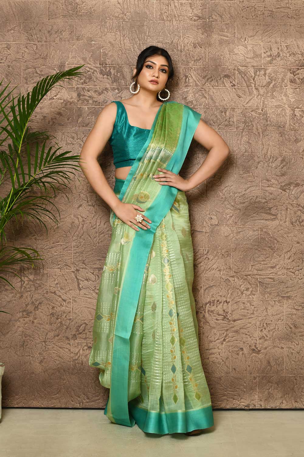 Green-Blue Silk Saree With Contemporary Meenakari Body