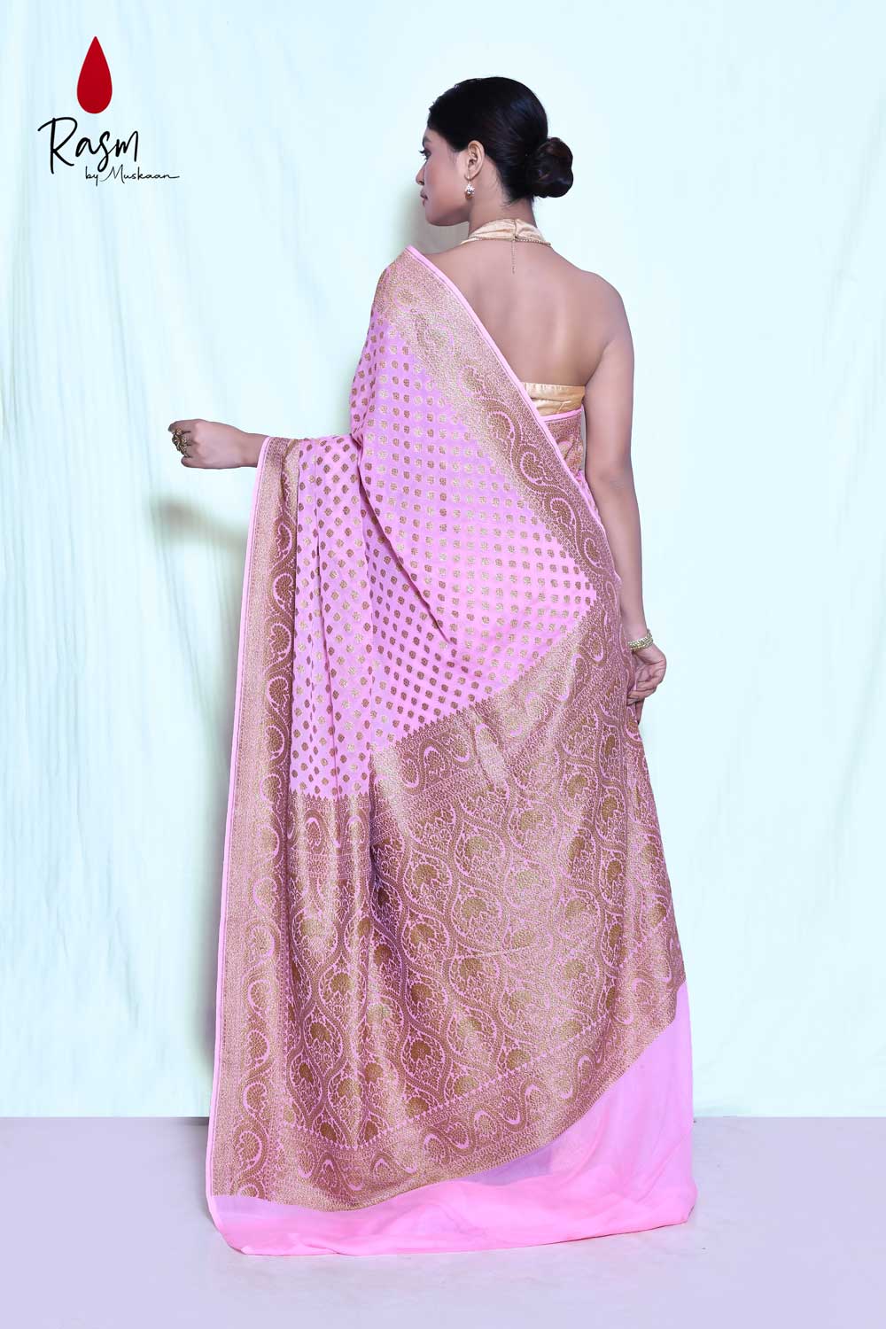 Baby Pink Pure Khaddi Georgette Silk Banarasi Handloom Saree With Antique Zari Booti