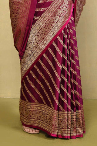 Magenta Pink Banarasi Saree With Contemporary Adda Stripe Pattern Design
