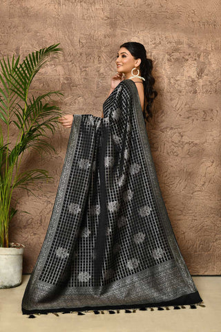 Black And Silver Mushru Satin Banarasi Handloom Saree