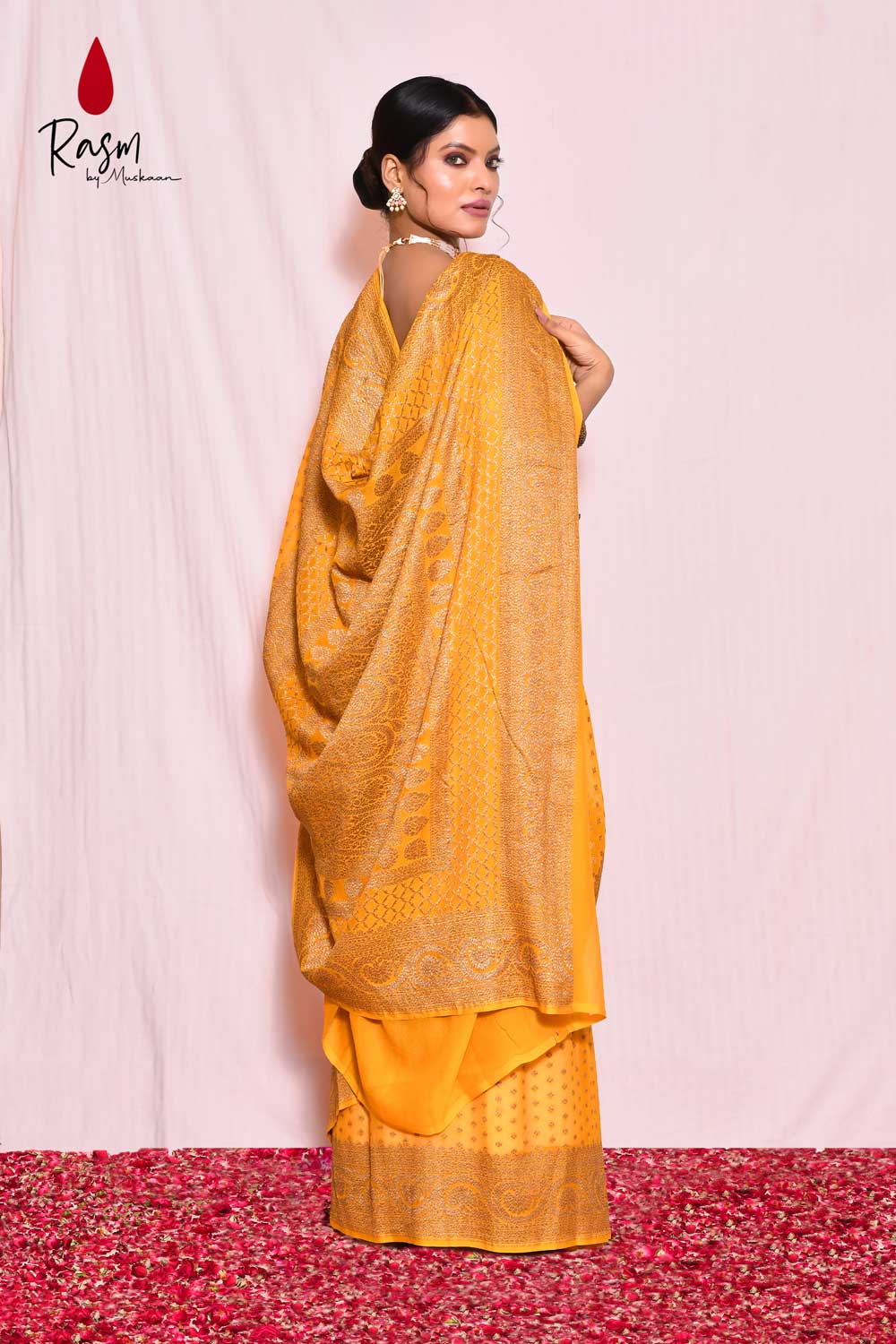 Mustard Pure Khaddi Georgette Silk Banarasi Handloom Saree With Antique Boota