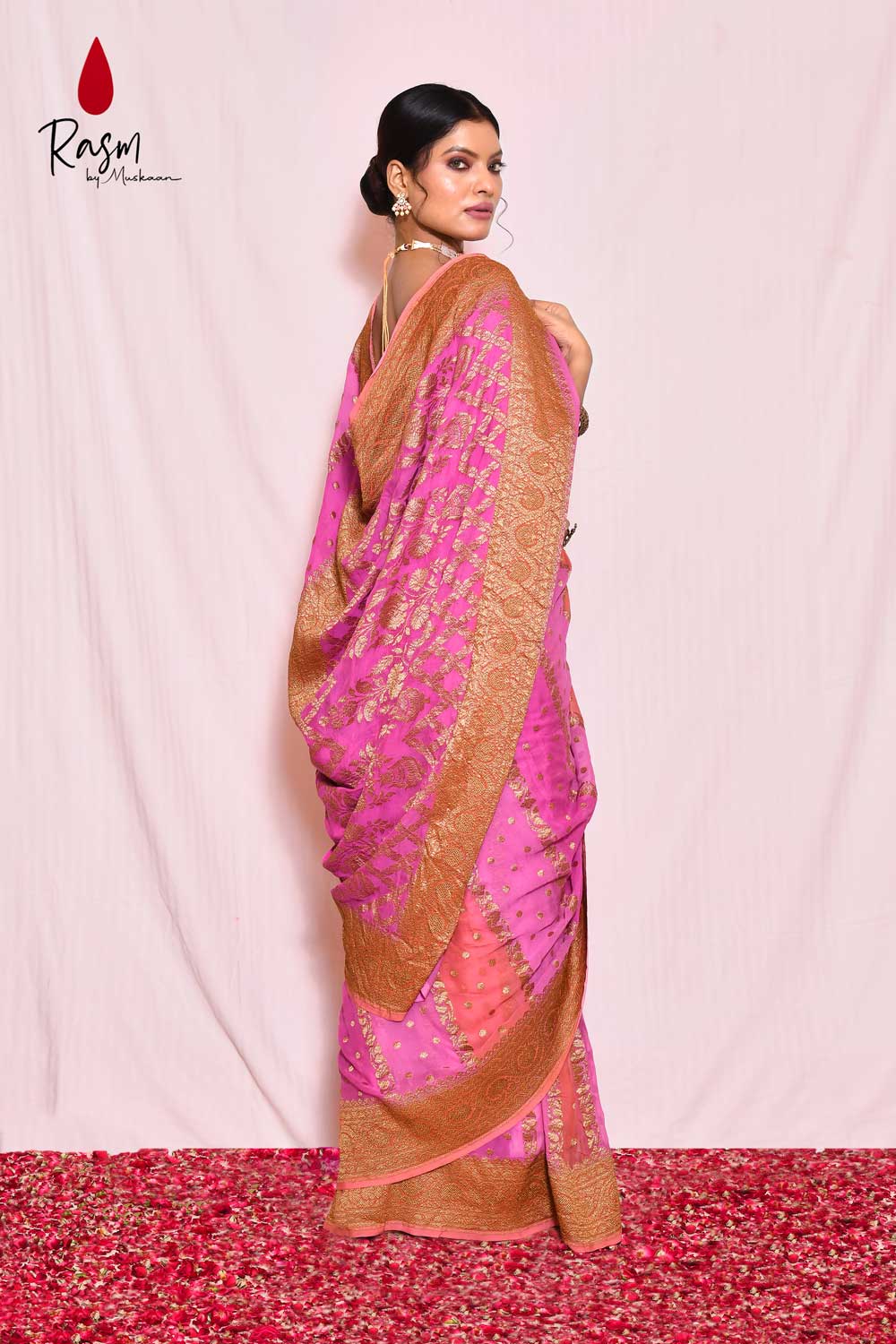 Rangkat Pure Khaddi Georgette Banarasi Saree With Striped Pattern Body