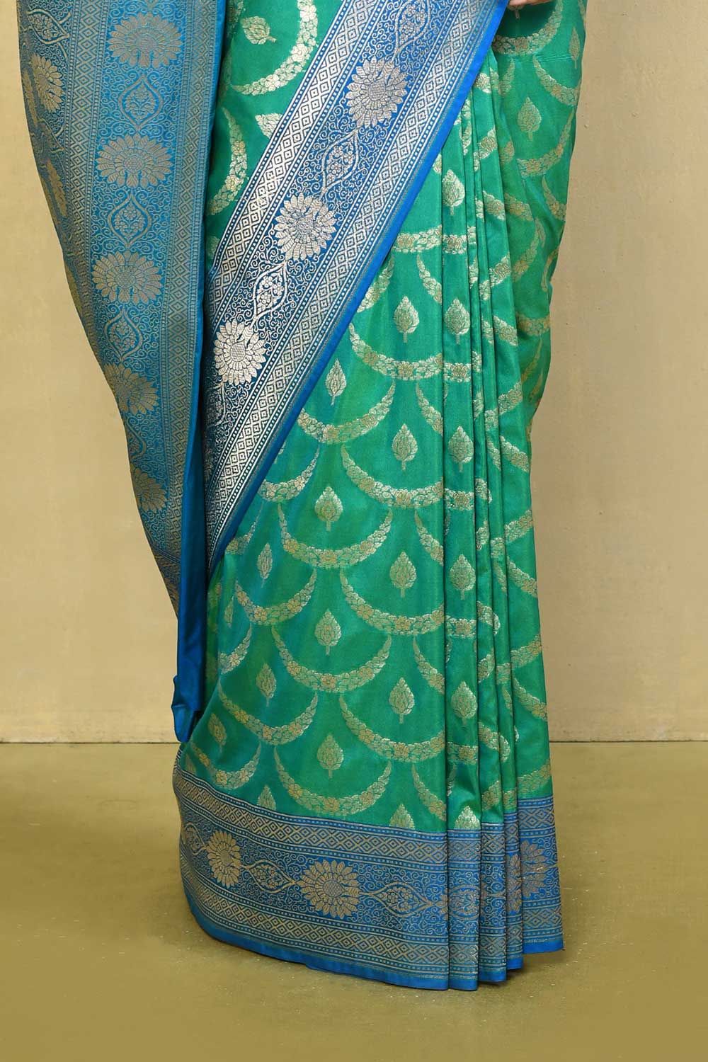 Green- Blue Banarasi Handloom Saree With Handwoven Jaal Pattern