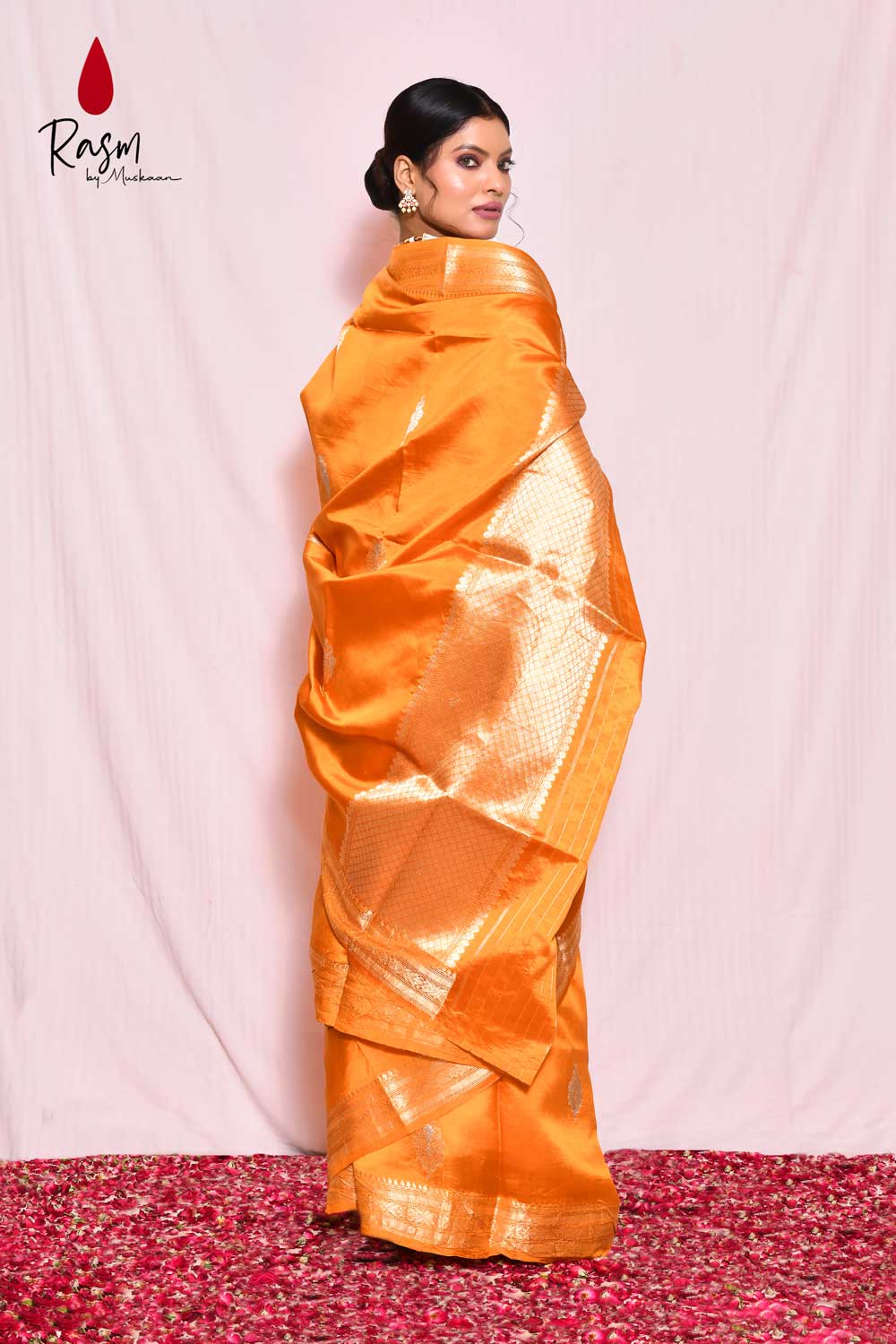 Orange Pure Katan Silk Silk Banarasi Handloom Saree