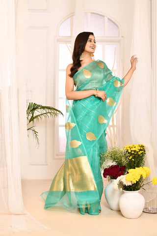 Turquoise Pure Kora Organza Banarasi Handloom Silk Saree