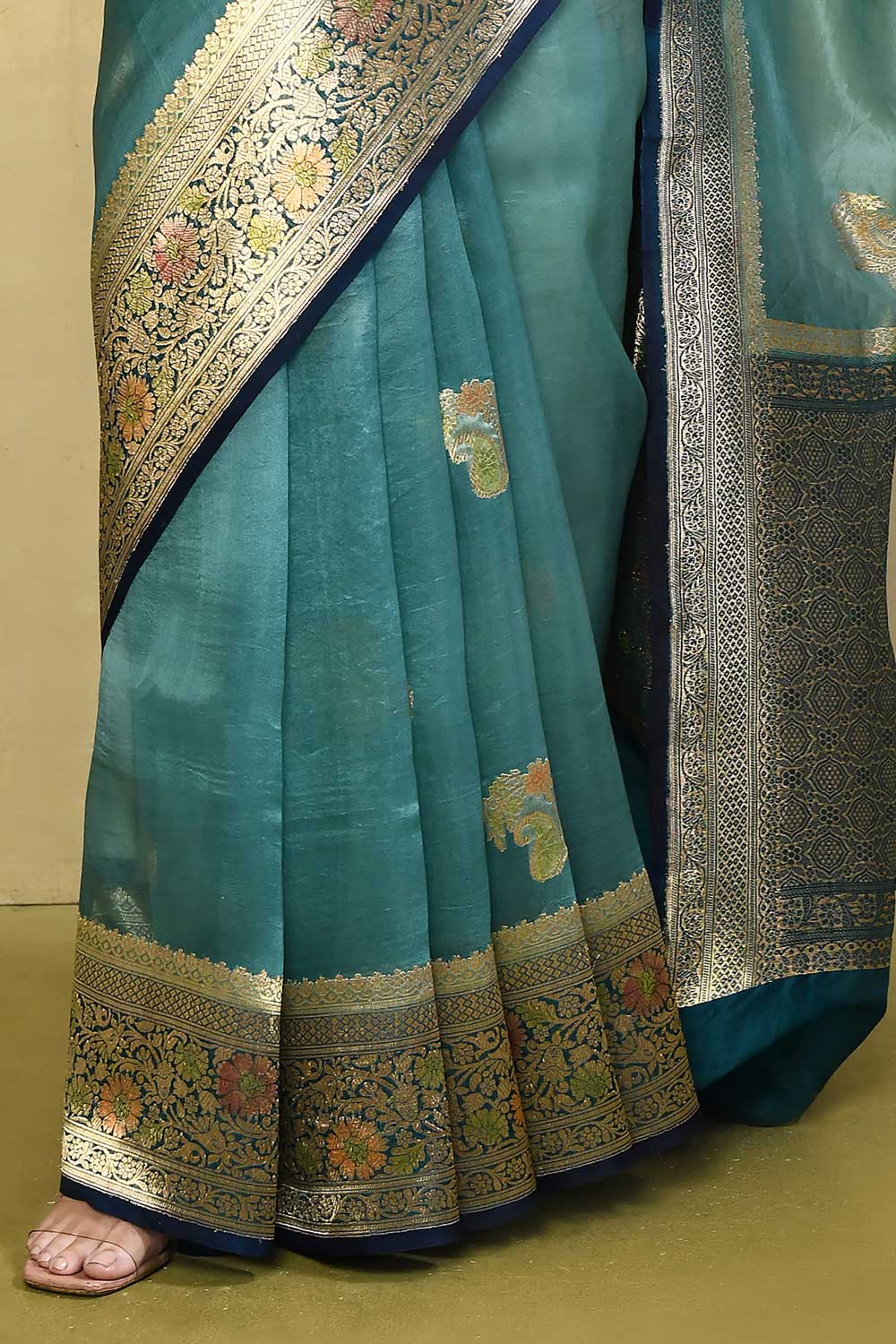 Blue-green Pure Kora Organza Banarasi Handloom Silk Saree With Meenakari Booti And Border