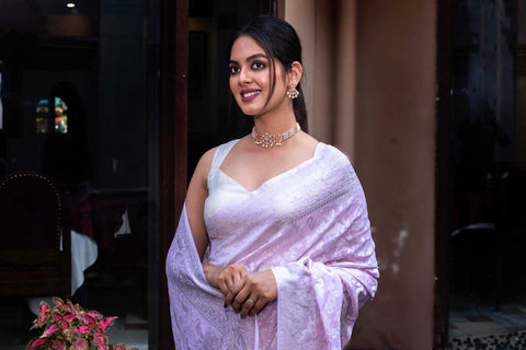 Pastel Pink  'shikargah'  Pure Khaddi Georgette Banarasi Handloom Saree Handwoven With Silver Zari