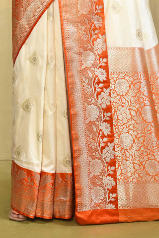 Off - white and Orange Banarasi Handloom Saree with Contrast Border