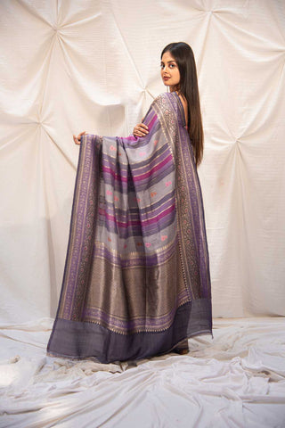 Rangkat Pure Tussar Georgette Banarasi Handloom Silk Saree With Stripe-Patterned Body