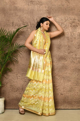 Rangkat Pure Katan Chiniya Silk Saree With Zig Zag Chevron Body And Floral Border in shades of yellow