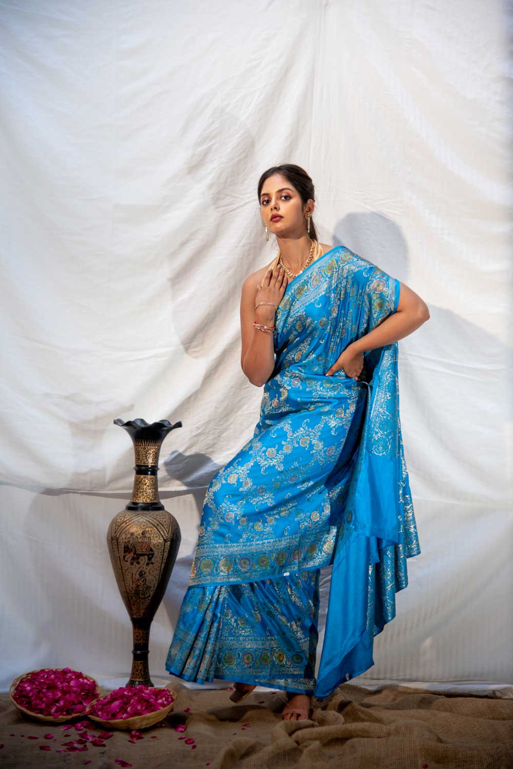 Royal Blue Mushru Satin Banarasi Handloom Saree With Meenakari Jaal