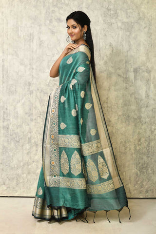 Stone Blue Pure Cotton Silk Banarasi Handloom Saree With Meenakari Border