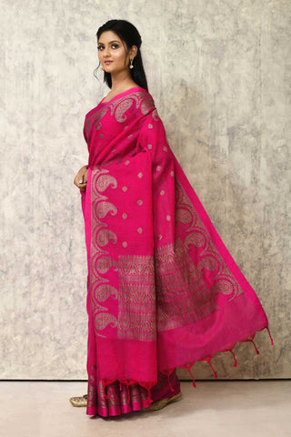 Rani Pink Cotton Linen Banarasi Handloom Saree