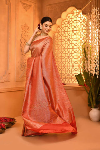 Orange Mushru Satin Banarasi Handloom Saree With Shikargah Meenakari Border