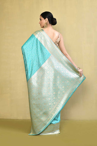 Whisper Blue Handloom Tanchoi Banarasi Saree, Intricate Border