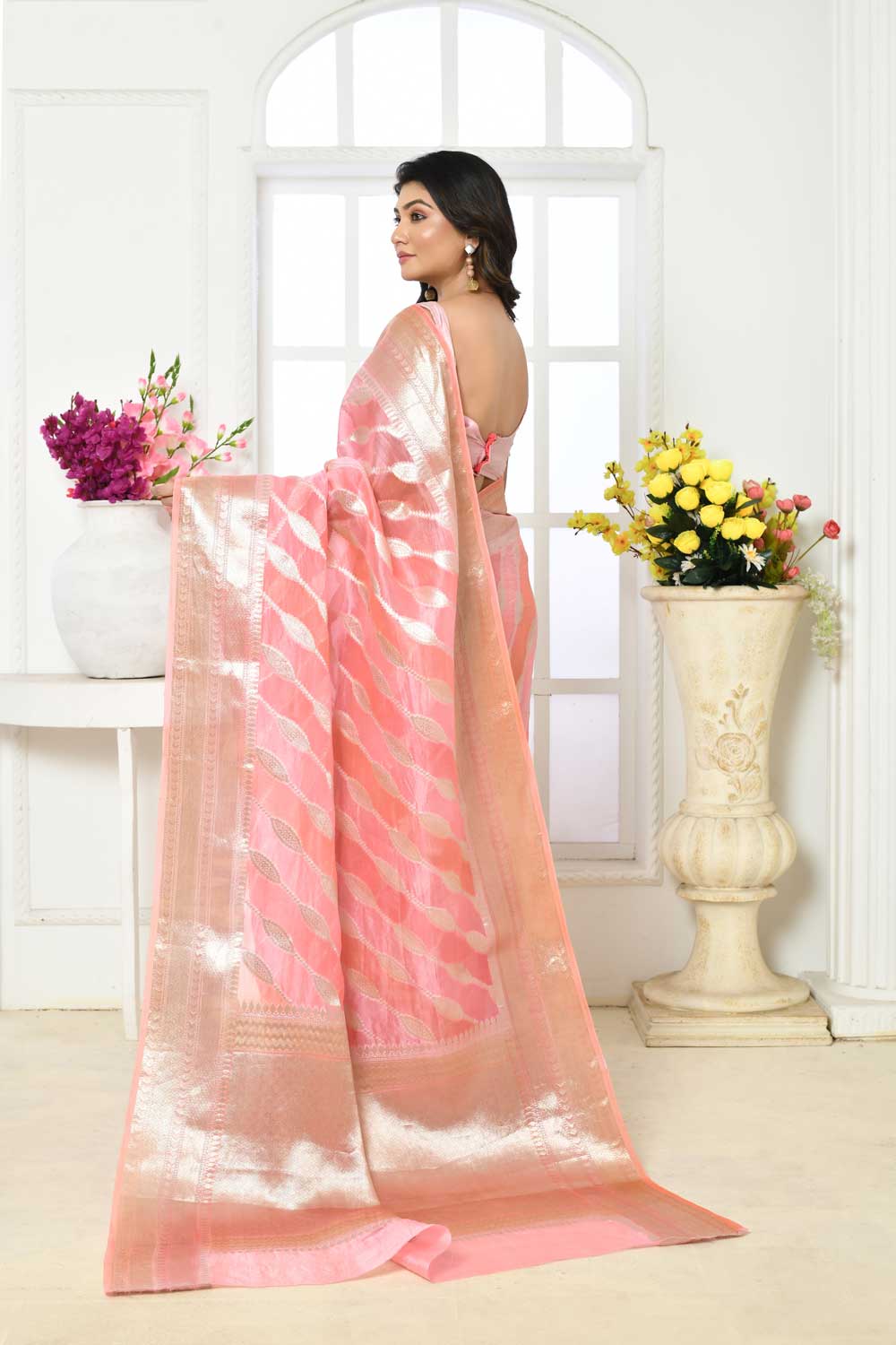 Pink Rangkat Pure Kora Organza Banarsi Handloom Silk Saree With Silver Zari Aada Striped Body And Border