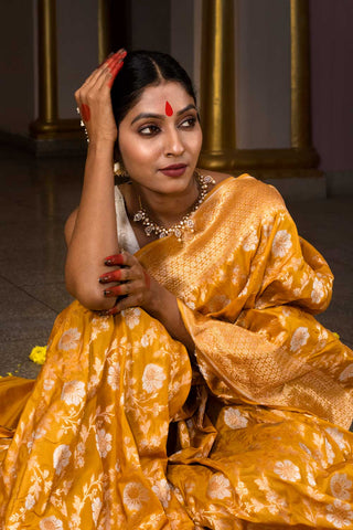 Mustard Yellow Pure Katan Silk Banarasi Handloom Saree With Kadhua Meena Boota