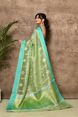 Green-blue Pure Kora Organza  Banarasi Handloom Silk Saree With Contemporary Meenakari Body