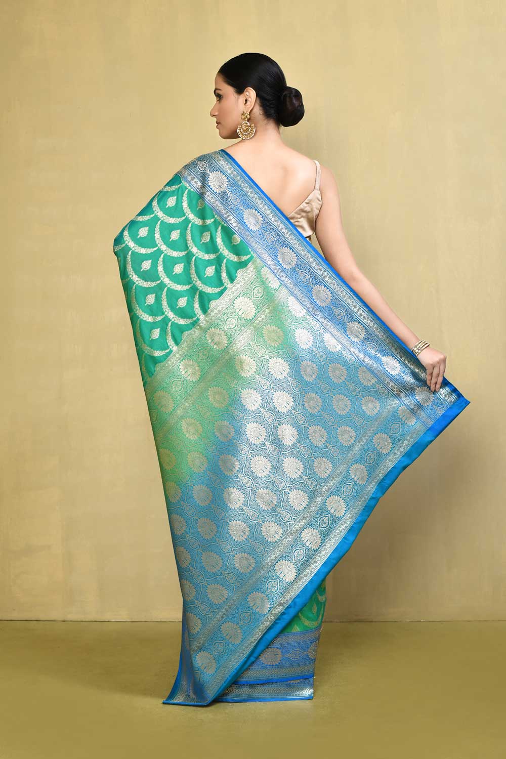 Green- Blue Handloom Saree With Handwoven Jaal Pattern
