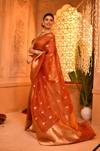 Rust Pure Kora Organza Banarasi Handloom Silk Saree With Kadhua Boota In Gold Zari