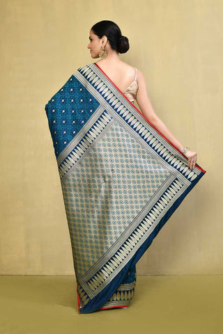 Blue Handloom Reshmi Tanchoi Banarasi Saree With Handwoven Border