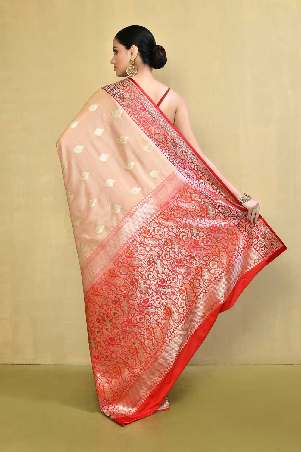 Tussar/Beige - Red Handloom Saree With Contrast Meenakari Border