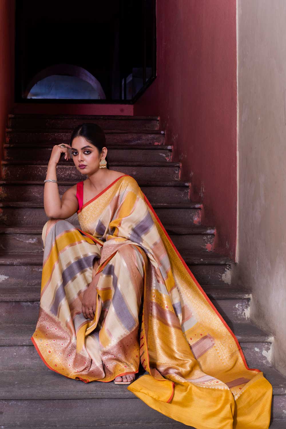 Handloom Silk Saree With Stripe-Patterned Body And Meenakari Border