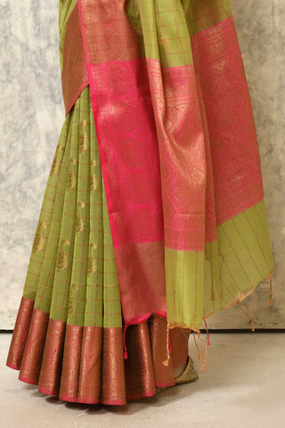 Leaf Green Pure Cotton Silk Banaras Handloom Saree
