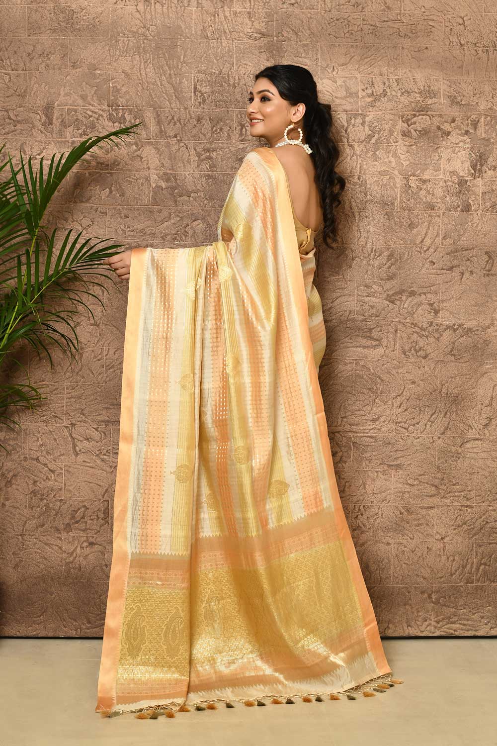Rangkat Pure Katan Chiniya Silk Banarasi Handloom Saree With Multi Striped Body And Bordrr