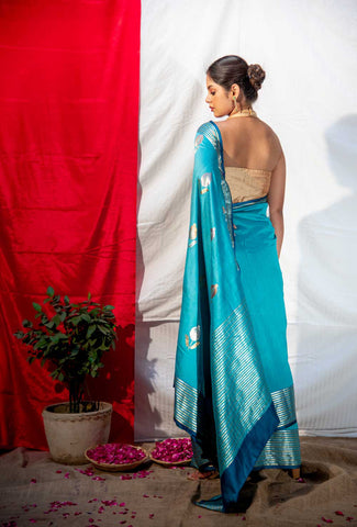 Blue Rangkat Pure Katan Chiniya Silk Banarasi Handloom Saree With Kadhua Bootas