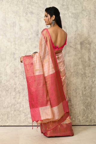 Off White- Pink Silk Cotton Banarasi Handloom Saree With Handwoven Gold Zari Boota