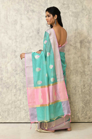 Pastel Sea  Green Cotton Silk Banaras Handloom Saree With Handwoven Meenakari Boota