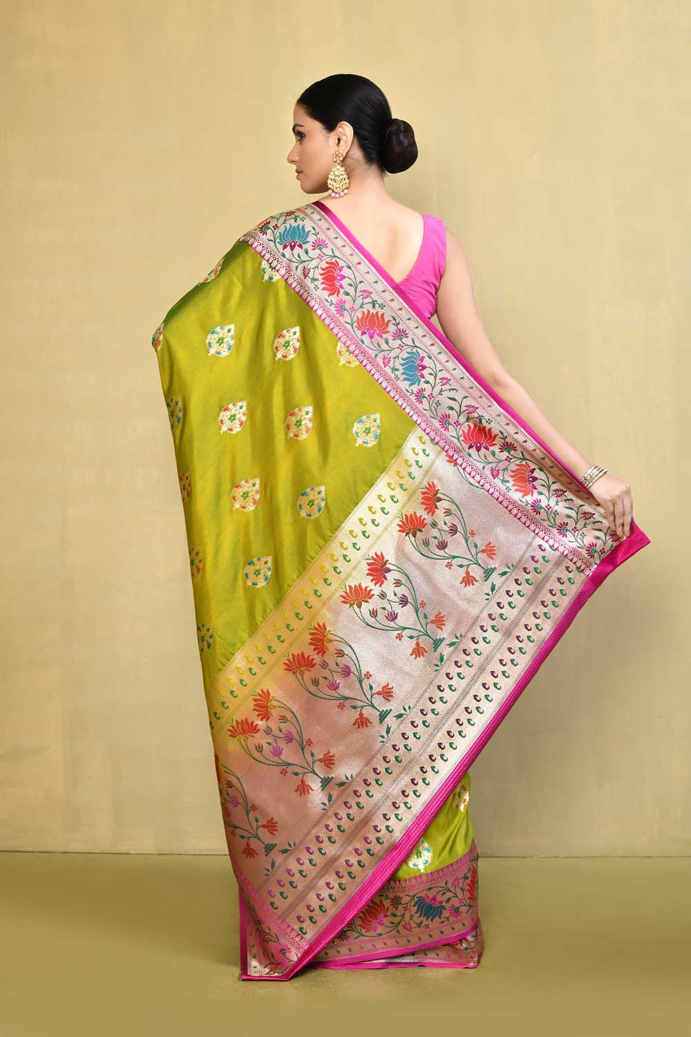 Mustard Green - Pink Banarasi Handloom Saree With Blouse