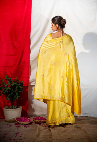 Yellow Mushru Satin Banarasi Handloom Saree With Meenakari Boota And Rangkat Striped Border