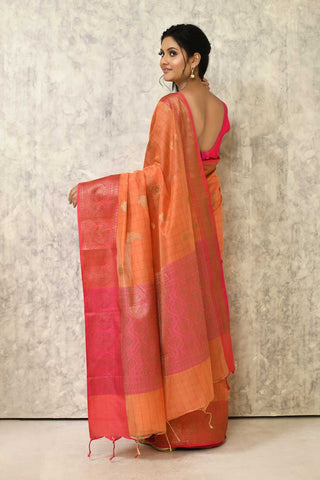 Orange Pure Cotton Silk Banarasi Handloom Saree With Handwoven Gold Zari Boota And Contrast Pink Border