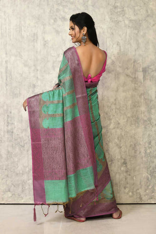 Sea Green Pure Cotton Silk Banarasi Handloom Saree With Contrast Pink Border