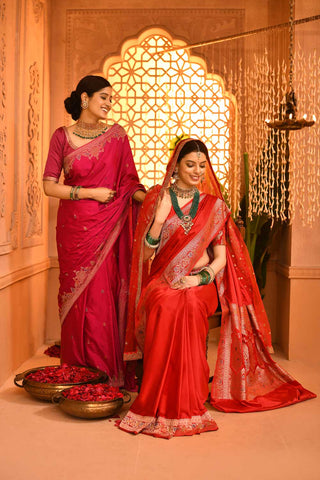 Fuchsia Pink Mushru Saree With Meenakari Border