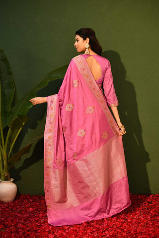 Lilac Mushru Satin Banarasi Handloom Saree With Meenakari Booti And Border