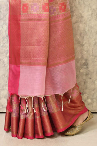 Light Pink Cotton Kota Check Banaras Handloom Saree