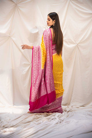 Yellow Pure Khaddi Georgette Silk Banarasi Handloom Saree With Contrast Pink Border Handwoven In Silver Zari
