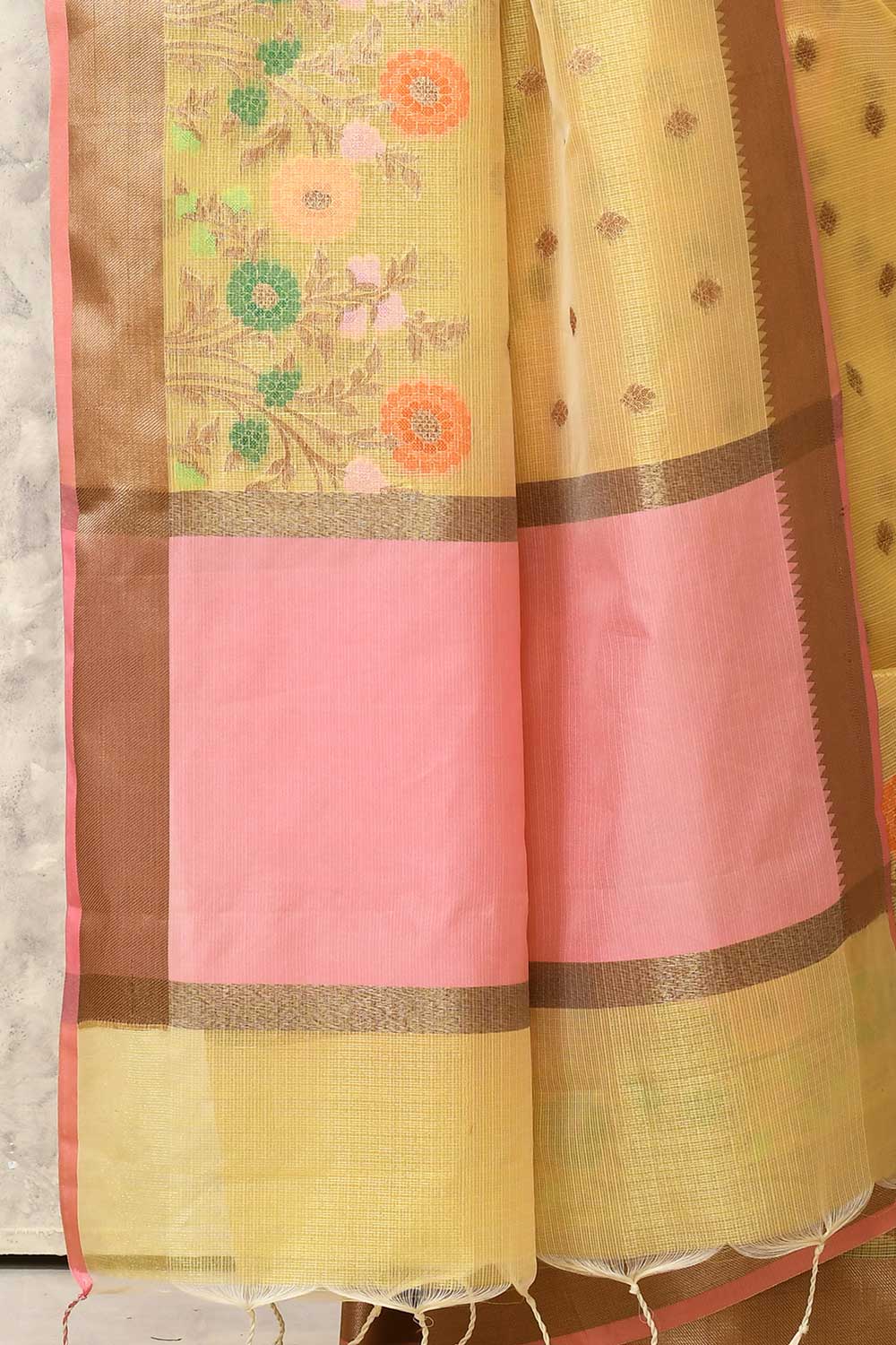 Light Yellow Cotton Kota Check Banaras Handloom Saree