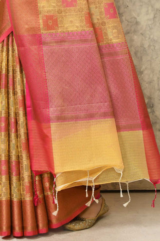 Yellow Cotton Kota Check Banarasi  Handloom Saree With Floral Meenakari Border