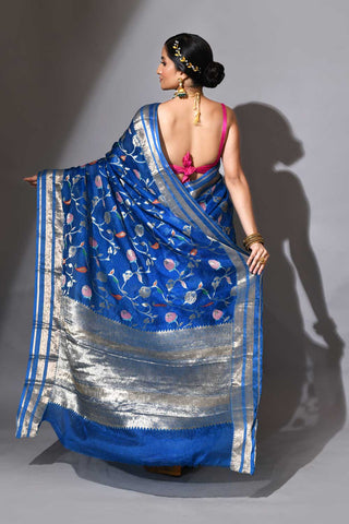 Royal Blue Pure Kota Check Banarasi Handloom Saree With Meenakari Jaal