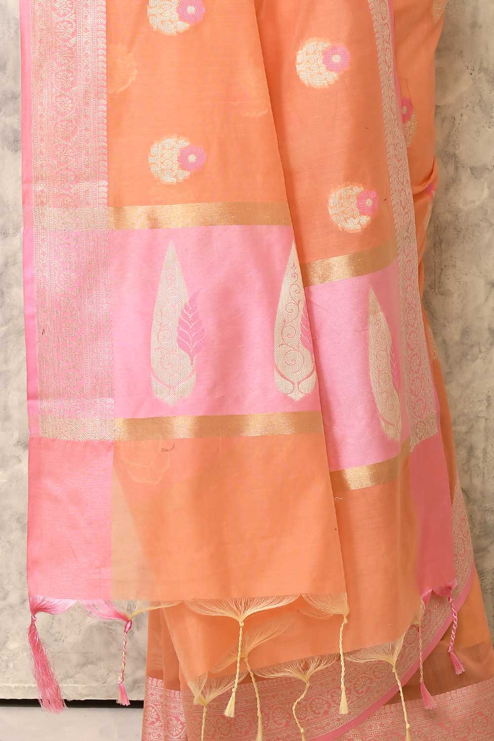 Peach Orange Pure Cotton Silk Banaras Handloom Saree