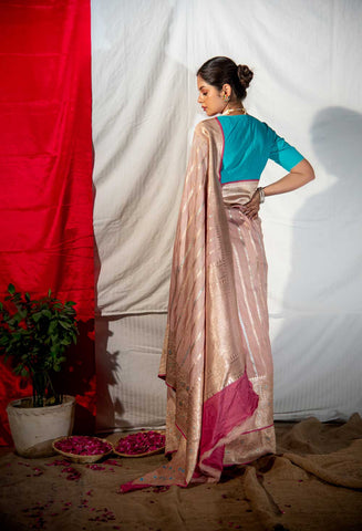 Pink Rose Gold Pure Tussar Georgette  Silk Banaras Handloom Saree With Kadhua Meenakari Striped Body And Contrast Border