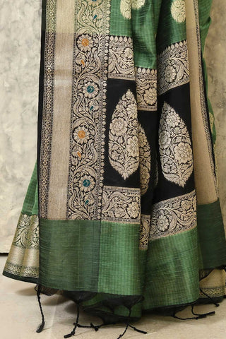 Moss Green Pure Cotton Silk Banarasi Handloom Saree With Meenakari Border